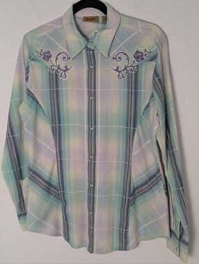 Wrangler Wms Green Plaid Embellished Long Sleeve Western Snap Front Shirt Size M